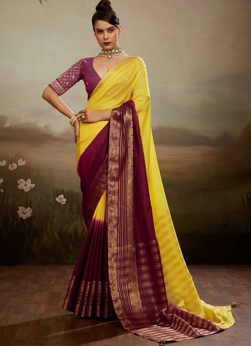 Yellow & maroon soft chiffon zari woven chit pallu patta saree with blouse