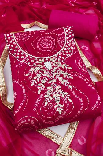 women's pink unstitched cembric cotton dress material with printed dupatta