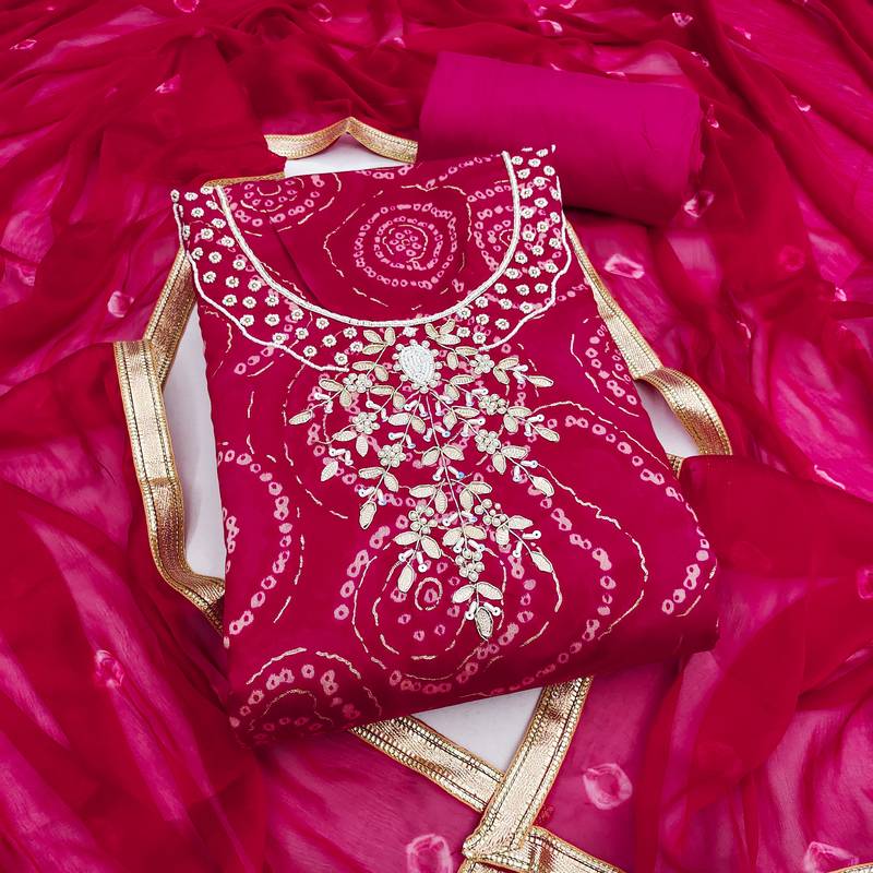 women's pink unstitched cembric cotton dress material with printed dupatta