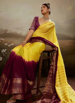 Yellow & maroon soft chiffon zari woven chit pallu patta saree with blouse 2