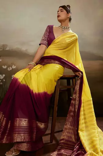 Yellow & maroon soft chiffon zari woven chit pallu patta saree with blouse