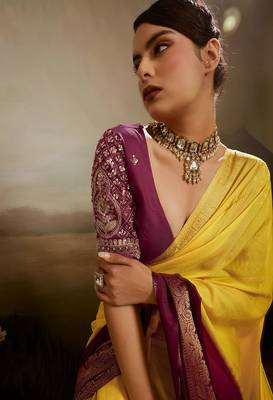 Yellow & maroon soft chiffon zari woven chit pallu patta saree with blouse 3