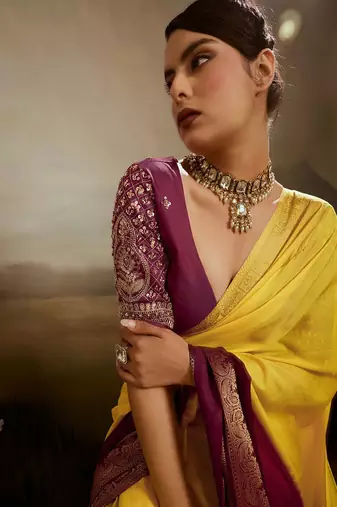 Yellow & maroon soft chiffon zari woven chit pallu patta saree with blouse