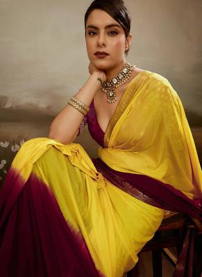 Yellow & maroon soft chiffon zari woven chit pallu patta saree with blouse 4