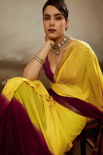 Yellow & maroon soft chiffon zari woven chit pallu patta saree with blouse