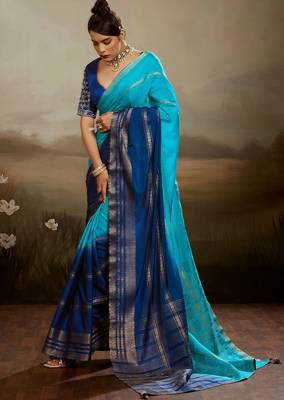 Sky & blue soft chiffon zari woven chit pallu patta saree with blouse 1