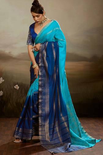 Sky & blue soft chiffon zari woven chit pallu patta saree with blouse