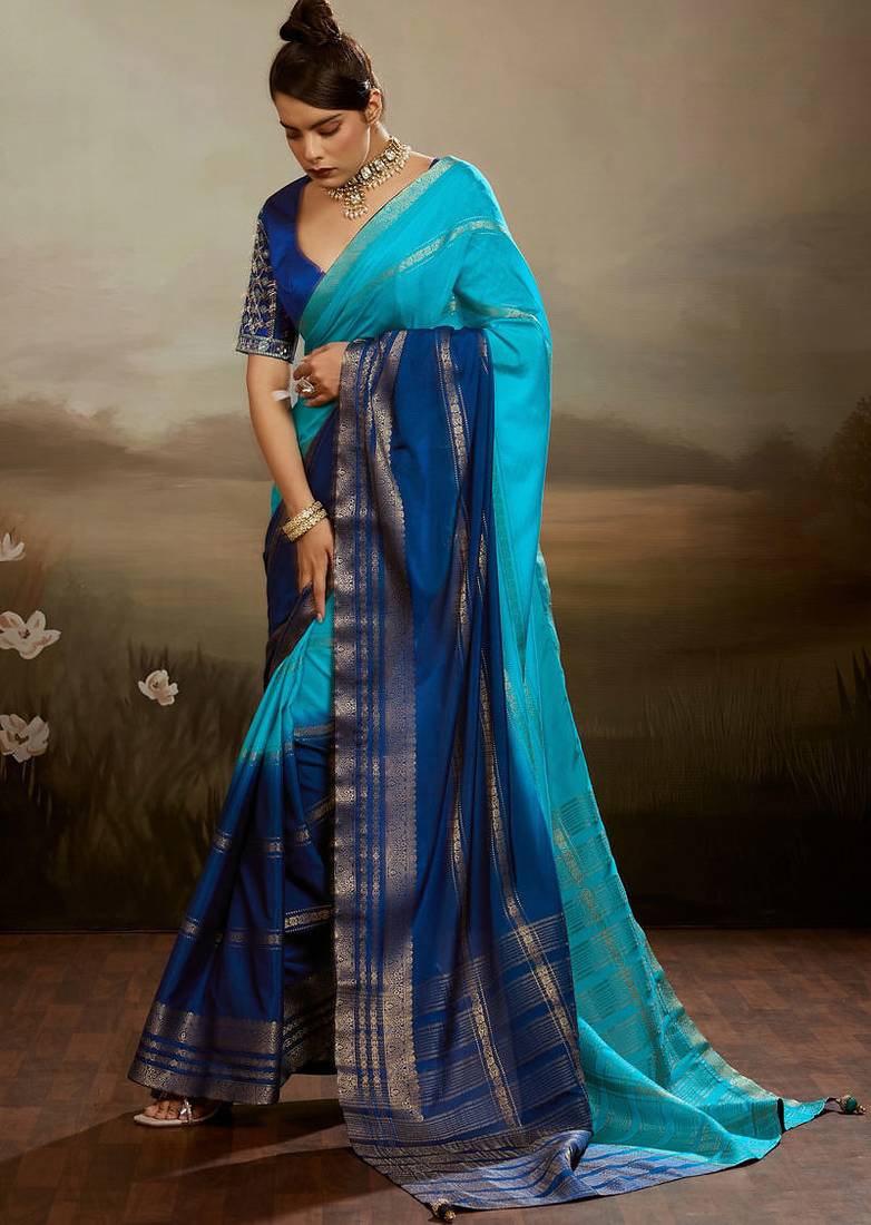 Sky & blue soft chiffon zari woven chit pallu patta saree with blouse