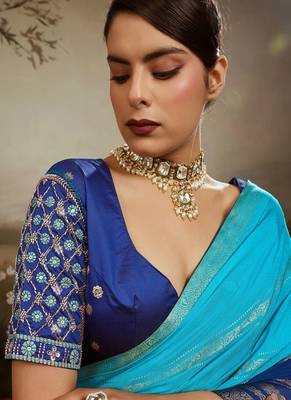 Sky & blue soft chiffon zari woven chit pallu patta saree with blouse 2