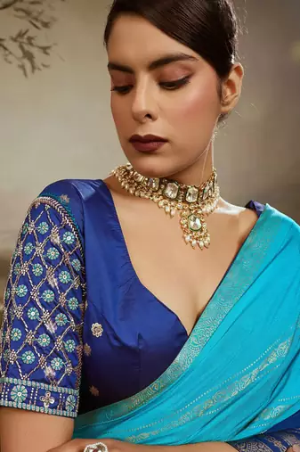 Sky & blue soft chiffon zari woven chit pallu patta saree with blouse