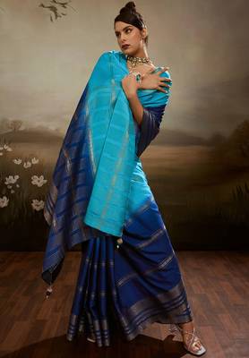 Sky & blue soft chiffon zari woven chit pallu patta saree with blouse 3