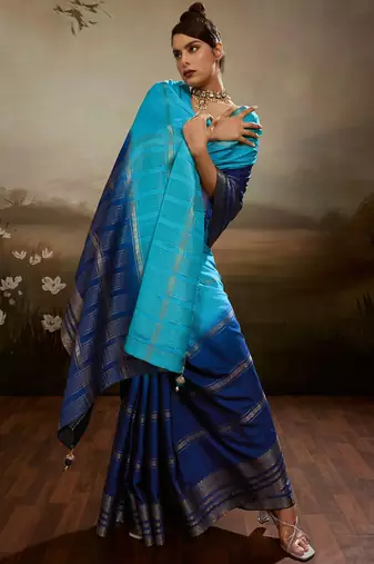 Sky & blue soft chiffon zari woven chit pallu patta saree with blouse