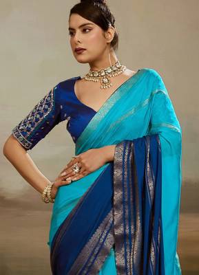Sky & blue soft chiffon zari woven chit pallu patta saree with blouse 4