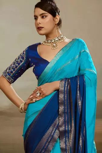 Sky & blue soft chiffon zari woven chit pallu patta saree with blouse