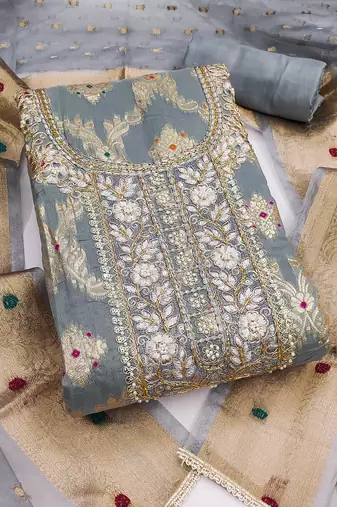 women's grey unstitched banarasi cotton dress material with woven dupatta