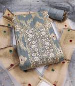 women's grey unstitched banarasi cotton dress material with woven dupatta