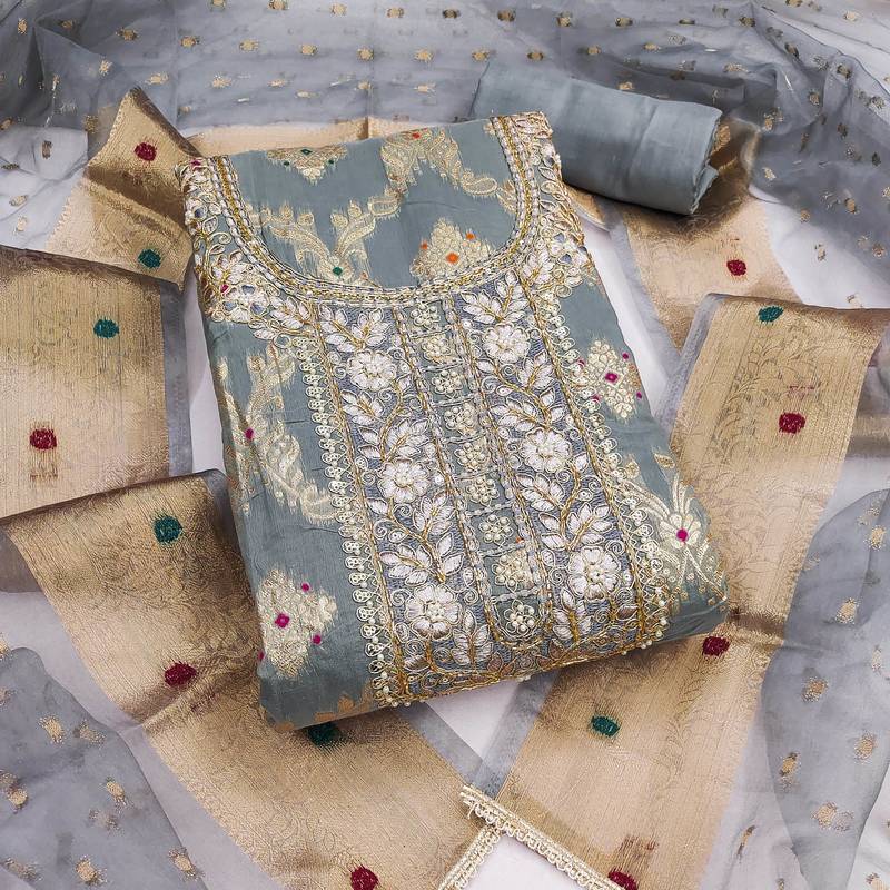women's grey unstitched banarasi cotton dress material with woven dupatta