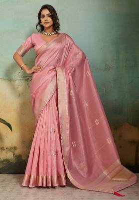 pink tissue zari woven, patta, chit pallu with small buttis all over saree with blouse 1