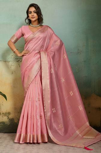 pink tissue zari woven, patta, chit pallu with small buttis all over saree with blouse