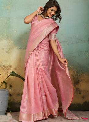 pink tissue zari woven, patta, chit pallu with small buttis all over saree with blouse 3