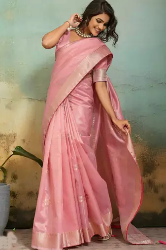 pink tissue zari woven, patta, chit pallu with small buttis all over saree with blouse