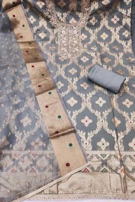 women's grey unstitched banarasi cotton dress material with woven dupatta 2