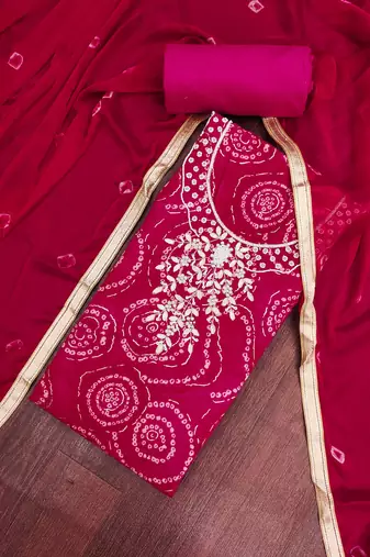 women's pink unstitched cembric cotton dress material with printed dupatta