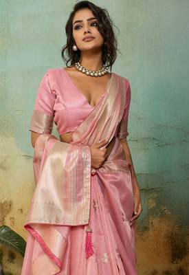 pink tissue zari woven, patta, chit pallu with small buttis all over saree with blouse 4
