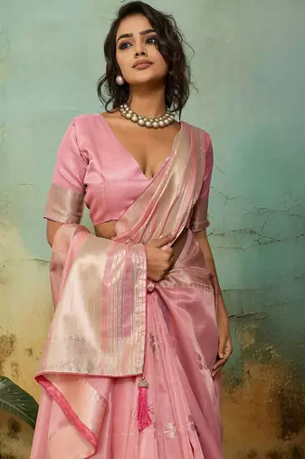 pink tissue zari woven, patta, chit pallu with small buttis all over saree with blouse