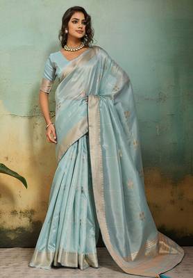 sky blue tissue zari woven, patta, chit pallu with small buttis all over saree with blouse 1