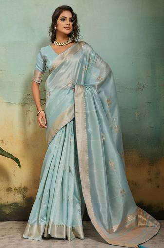 sky blue tissue zari woven, patta, chit pallu with small buttis all over saree with blouse