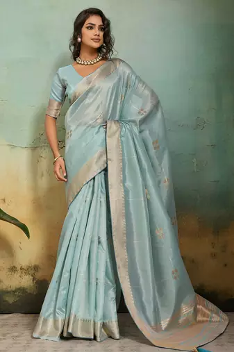 sky blue tissue zari woven, patta, chit pallu with small buttis all over saree with blouse