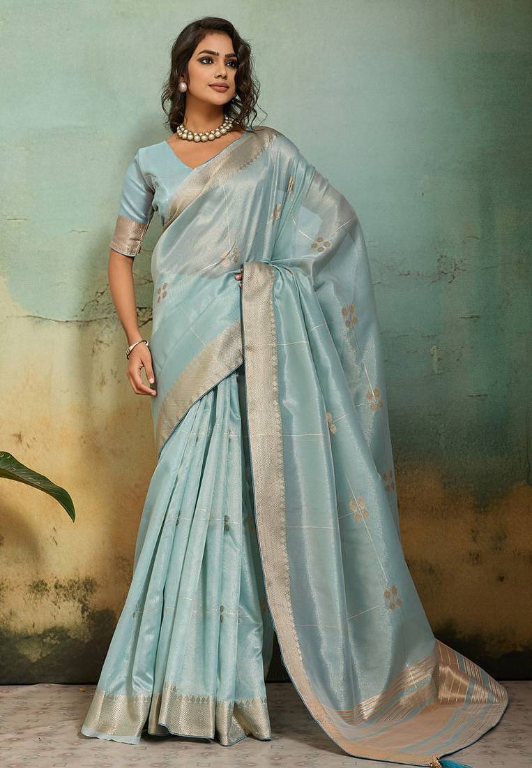 sky blue tissue zari woven, patta, chit pallu with small buttis all over saree with blouse