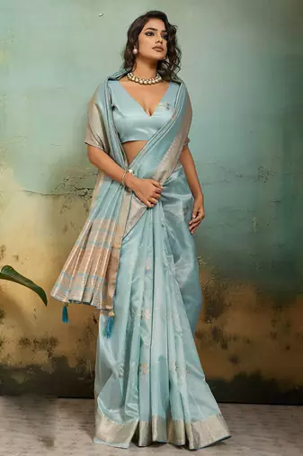 sky blue tissue zari woven, patta, chit pallu with small buttis all over saree with blouse