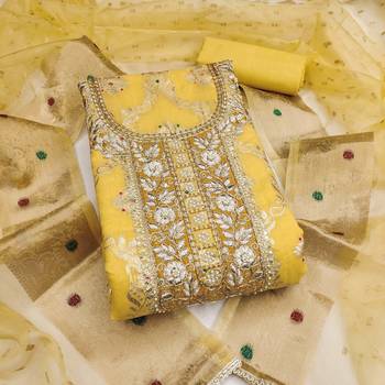 women's mustard unstitched banarasi cotton dress material with woven dupatta 1