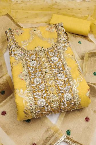 women's mustard unstitched banarasi cotton dress material with woven dupatta