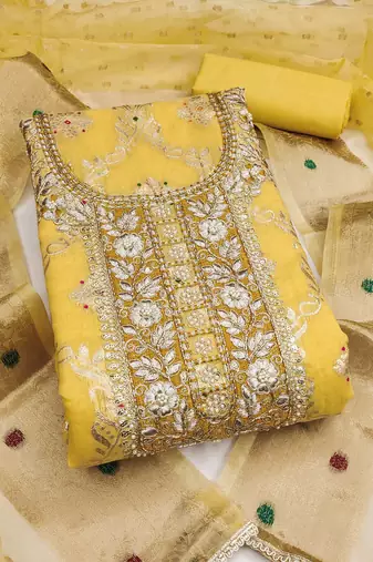women's mustard unstitched banarasi cotton dress material with woven dupatta