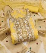 women's mustard unstitched banarasi cotton dress material with woven dupatta