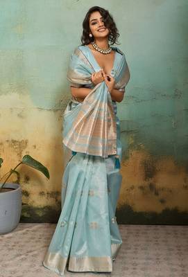 sky blue tissue zari woven, patta, chit pallu with small buttis all over saree with blouse 4