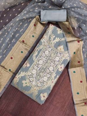 women's grey unstitched banarasi cotton dress material with woven dupatta 4