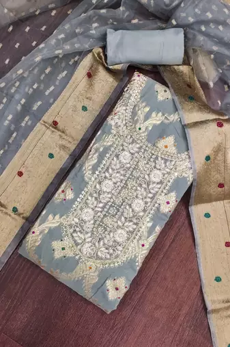 women's grey unstitched banarasi cotton dress material with woven dupatta