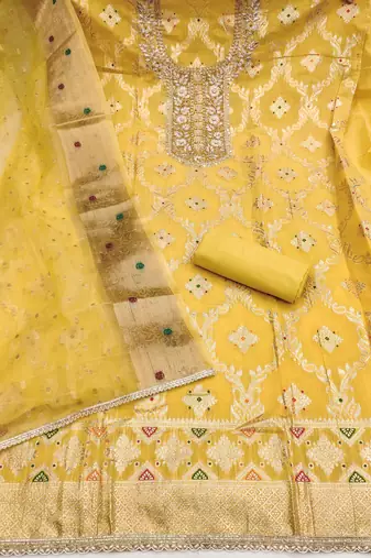 women's mustard unstitched banarasi cotton dress material with woven dupatta