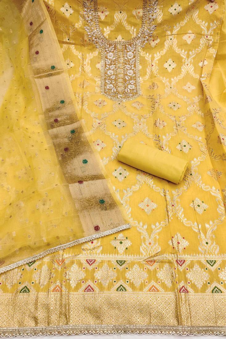 women's mustard unstitched banarasi cotton dress material with woven dupatta