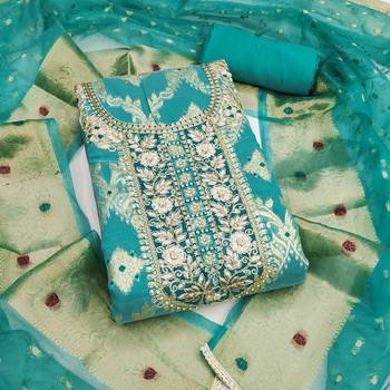 women's sea green unstitched banarasi cotton dress material with woven dupatta 1