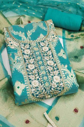 women's sea green unstitched banarasi cotton dress material with woven dupatta