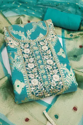 women's sea green unstitched banarasi cotton dress material with woven dupatta