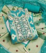 women's sea green unstitched banarasi cotton dress material with woven dupatta