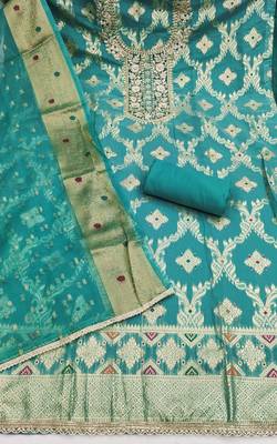 women's sea green unstitched banarasi cotton dress material with woven dupatta 2