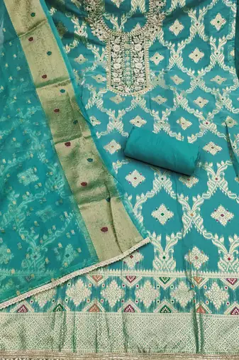 women's sea green unstitched banarasi cotton dress material with woven dupatta