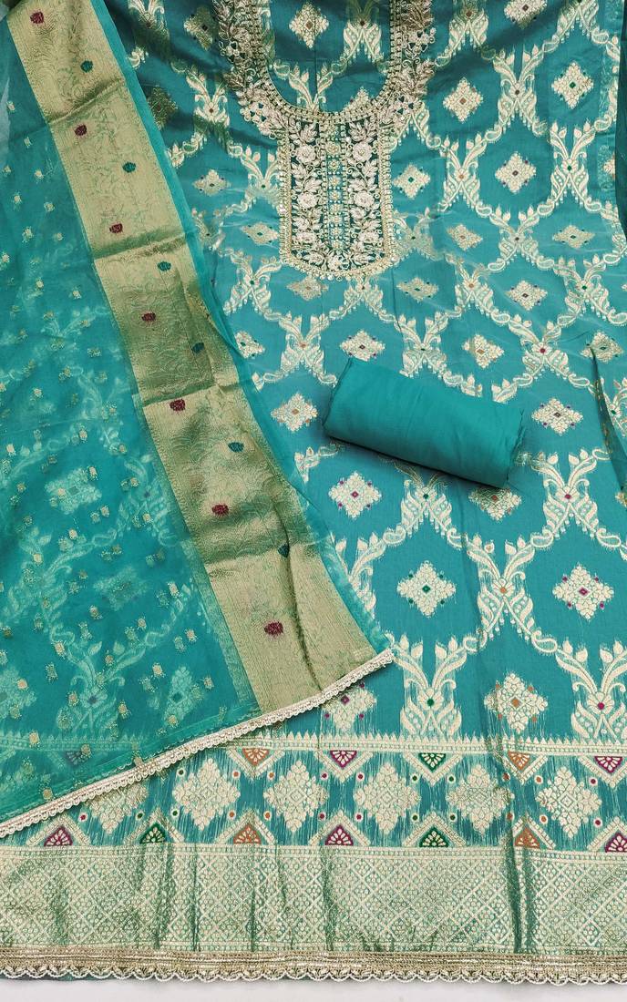 women's sea green unstitched banarasi cotton dress material with woven dupatta